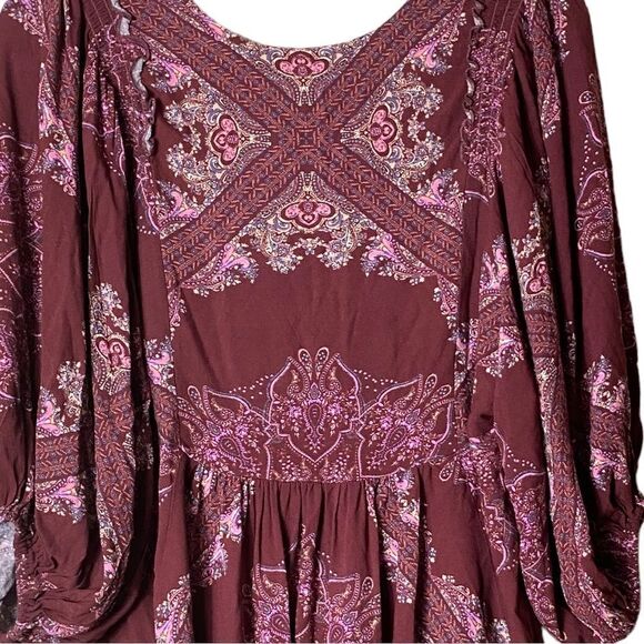 Free People Sz Sm Maroon Floral Girl Talk Printed Oversized Tunic Top Blouse - Picture 6 of 8